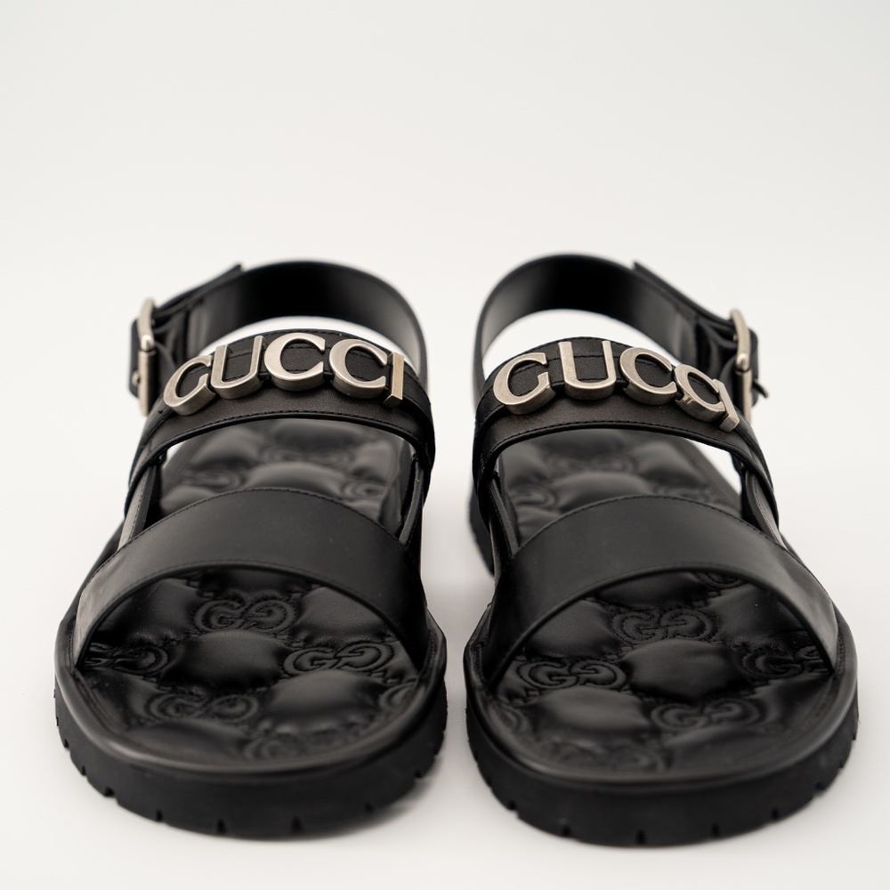 size 11G 11.5 US Gucci Leather Sandals Black Silver Logo Strap Buckle - Picture 2 of 12